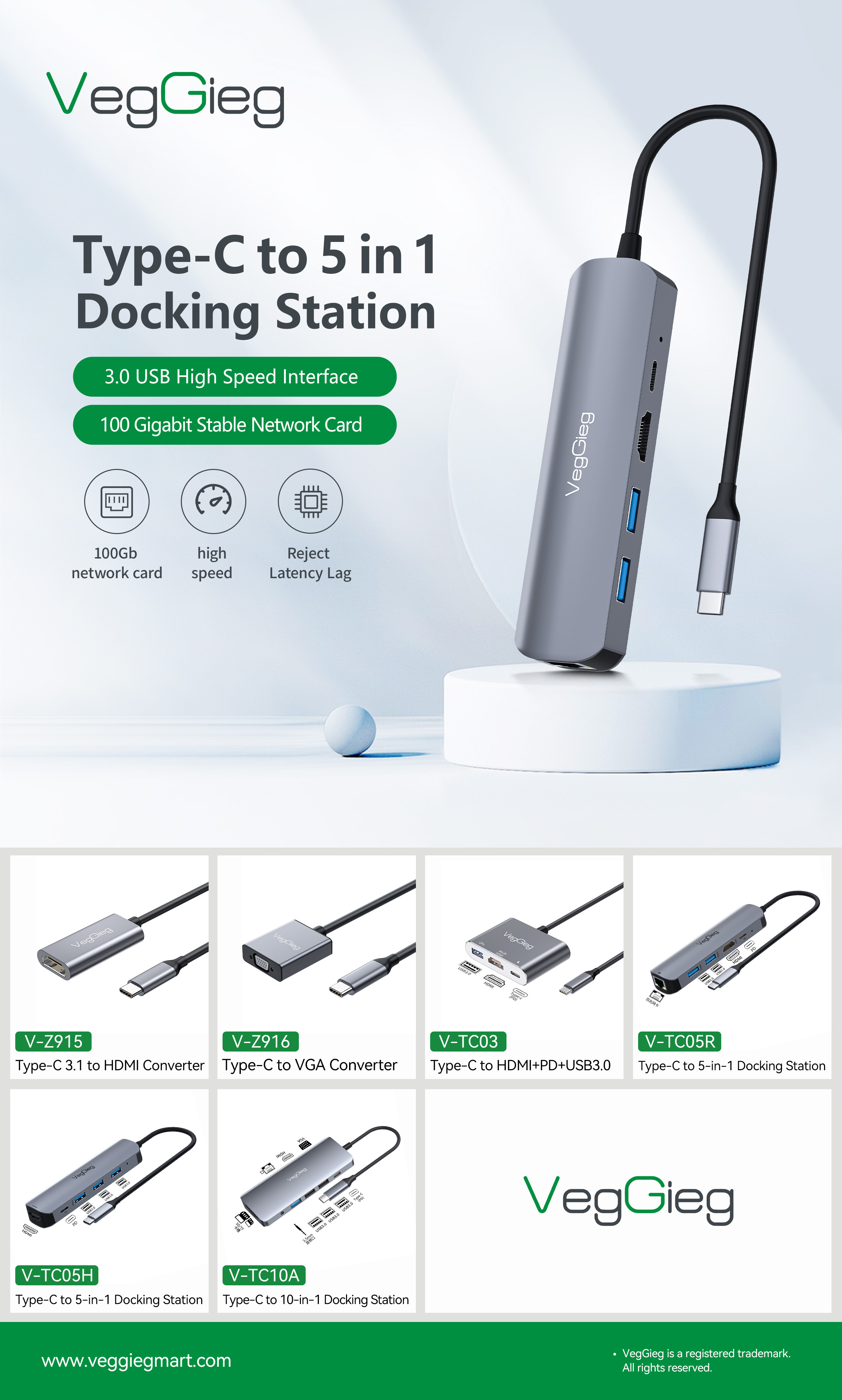 Cổng chuyển đổi TypeC V-TC05R VEGGIEG (  Lan , 1 HDMI , 2 USB 2.0, 1 Type C)